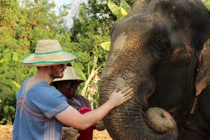 Two people with hats petting an elephant at a sanctuary.
