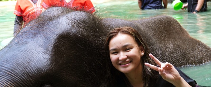 Smiling person with elephant in water, making a peace sign with hand.