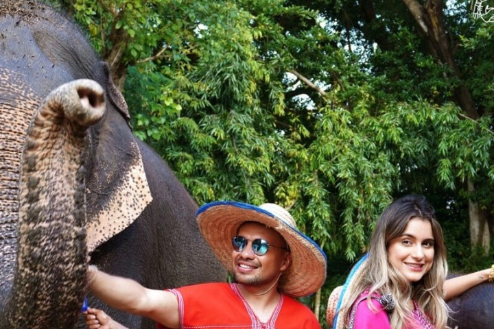 Two people smiling, standing next to an elephant in front of lush green trees.