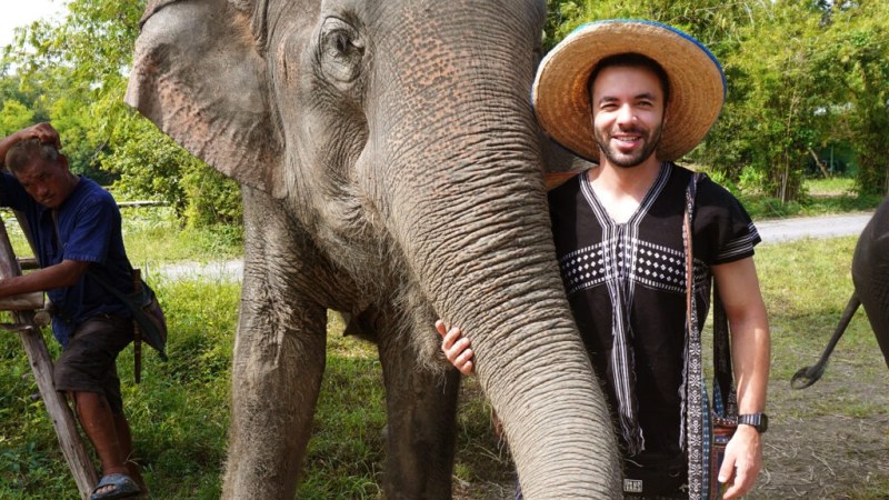 Person in a straw hat stands beside an elephant in a grassy area, another person is seen on the left.