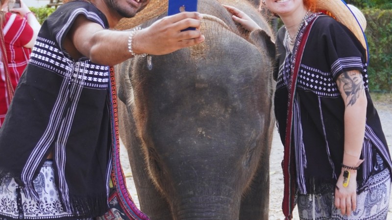 Two people in patterned outfits take a selfie with a young elephant at an outdoor park.