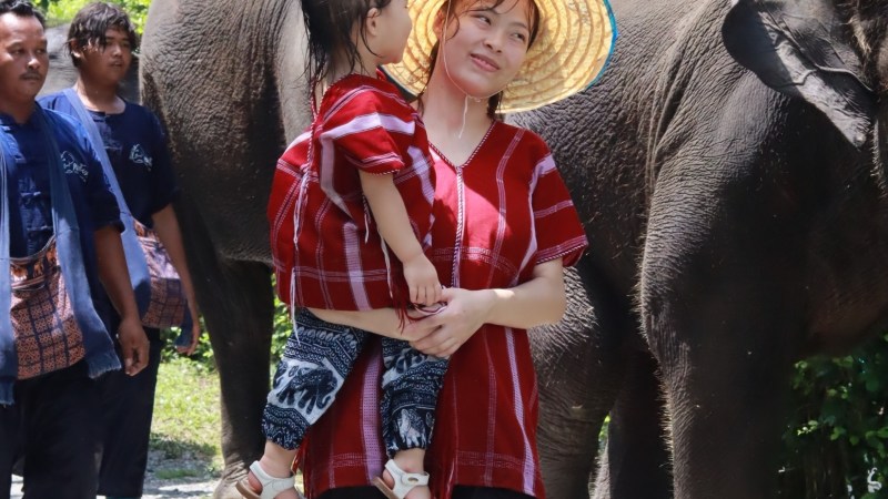 Woman holding a child stands in front of elephants while others walk nearby, wearing matching red clothing.