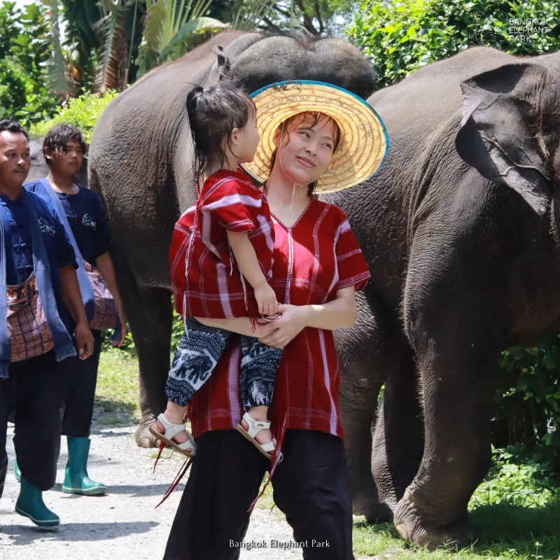 Woman holding a child stands in front of elephants while others walk nearby, wearing matching red clothing.