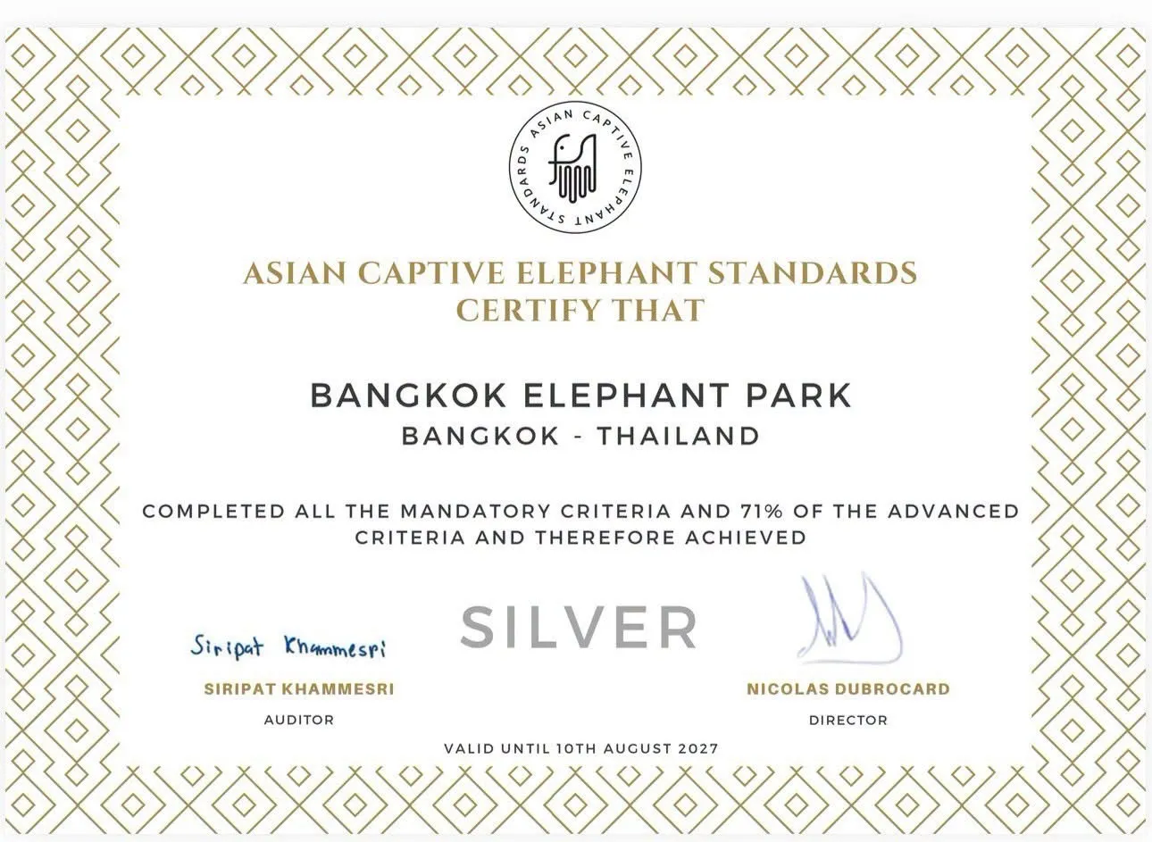 Certificate for Bangkok Elephant Park achieving Silver standard by Asian Captive Elephant Standards.